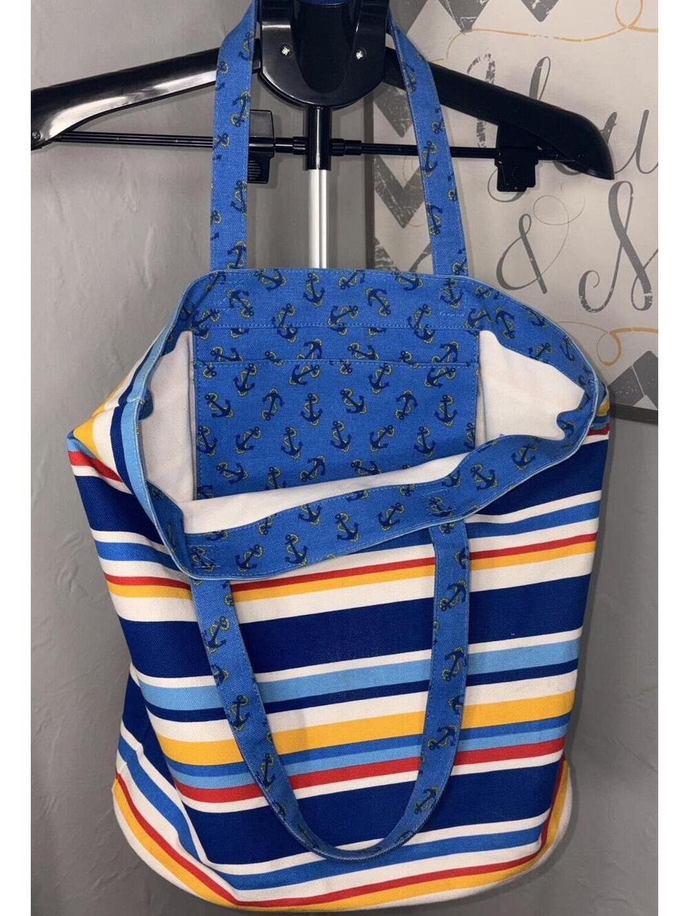 Punctuate Nautical Anchor Striped Canvas Beach Tote Bag Large Carryall